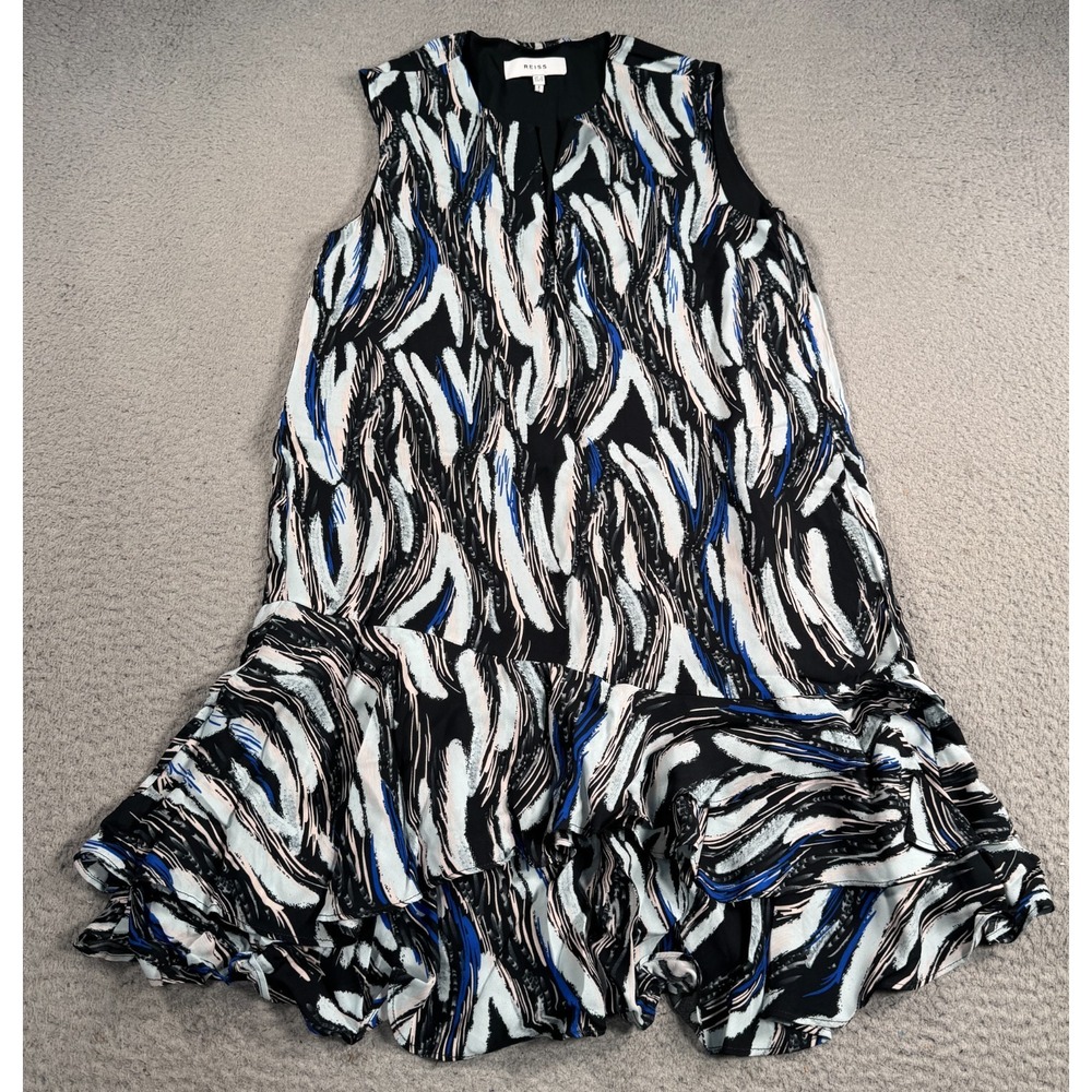 Reiss Elsie Mini Dress Womens 0 Blue Abstract Fit & Flare Tiered Ruffle Cocktail